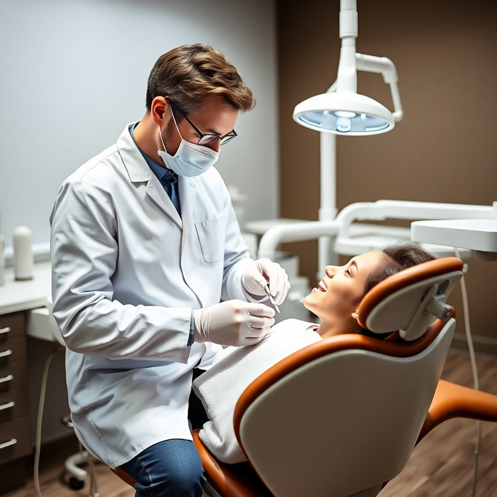 Dentist treating a patient in a modern dental chair, well-lit, professional, comforting atmosphere